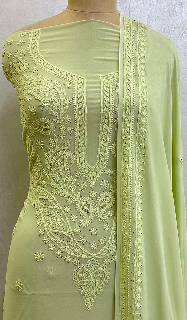 Women's Lucknowi Handcrafted Pure Silk Georgette Chikankari Suit Material - NC062754