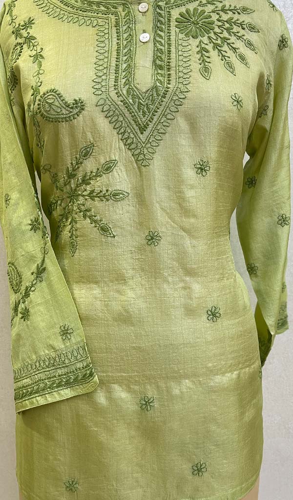 Lakhnavi 手工制作 Tussar 丝绸 Chikankari 上衣 - NC048697