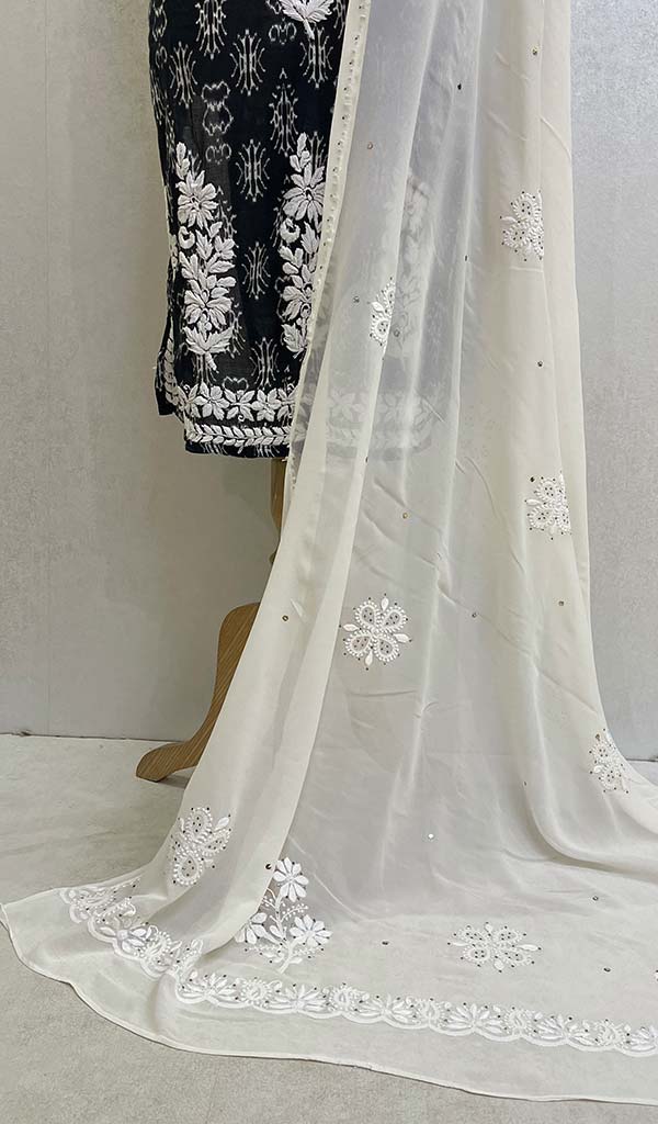 Women's Lucknowi Handcrafted Pure Silk Georgette Chikankari Dupatta - Honc074612