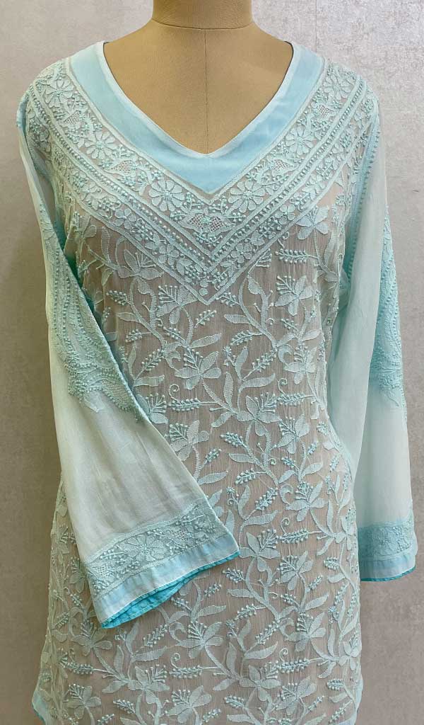 Women's Lakhnavi Handcrafted Pure Silk Georgette Chikankari Top - HONC074806