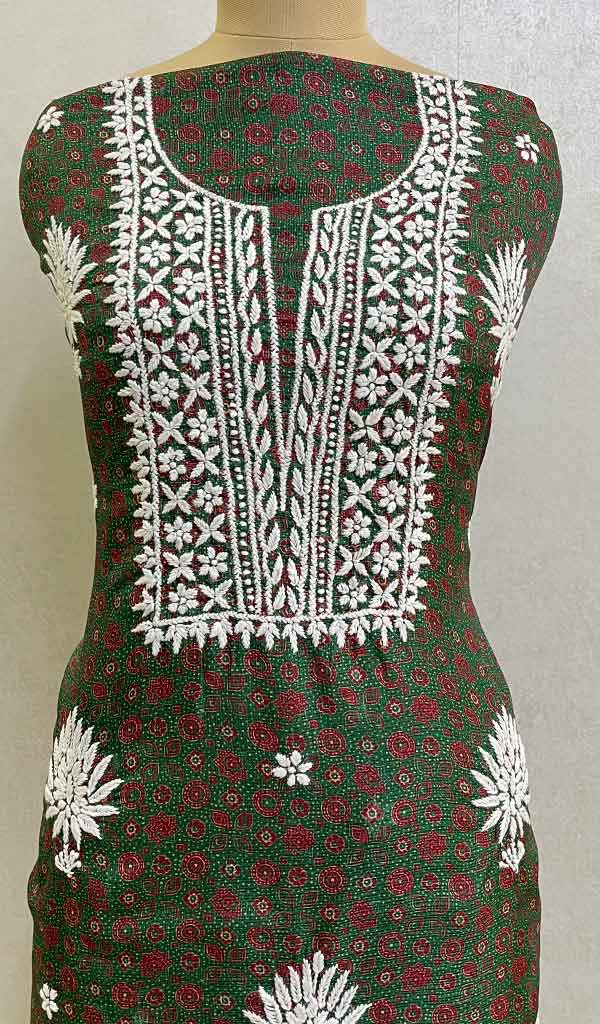 Women's Lucknowi Handcrafted Kota Cotton Chikankari Unstitched Kurti Fabric - Honc086927