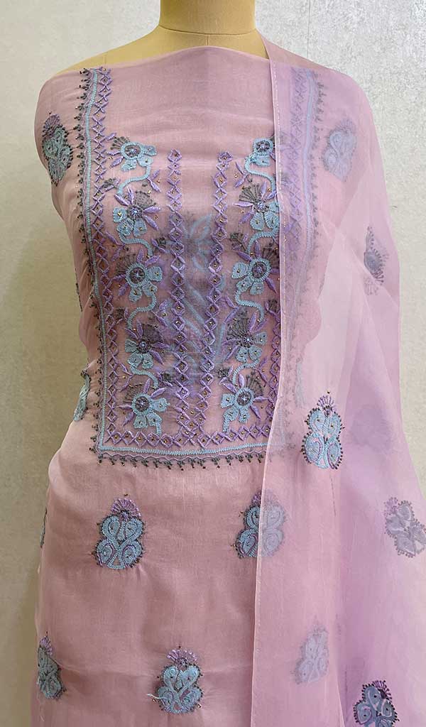 Women's Lucknowi Handcrafted Pure Organza Silk Chikankari Kurta Dupatta Set- HONC074591