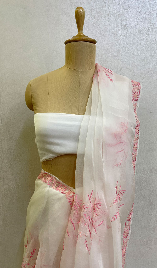 Lucknowi 手工制作的纯欧根纱丝绸 Chikankari SAREE - HONC072937