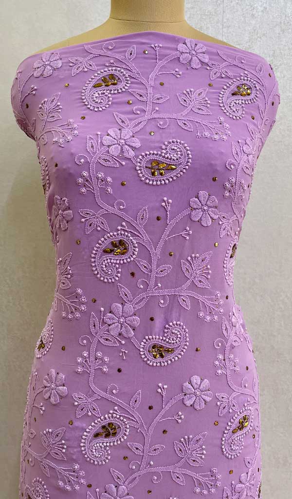 Women's Lakhnavi Handcrafted Viscose Georgette Chikankari Unstitched Kurti Fabric  - Honc090862
