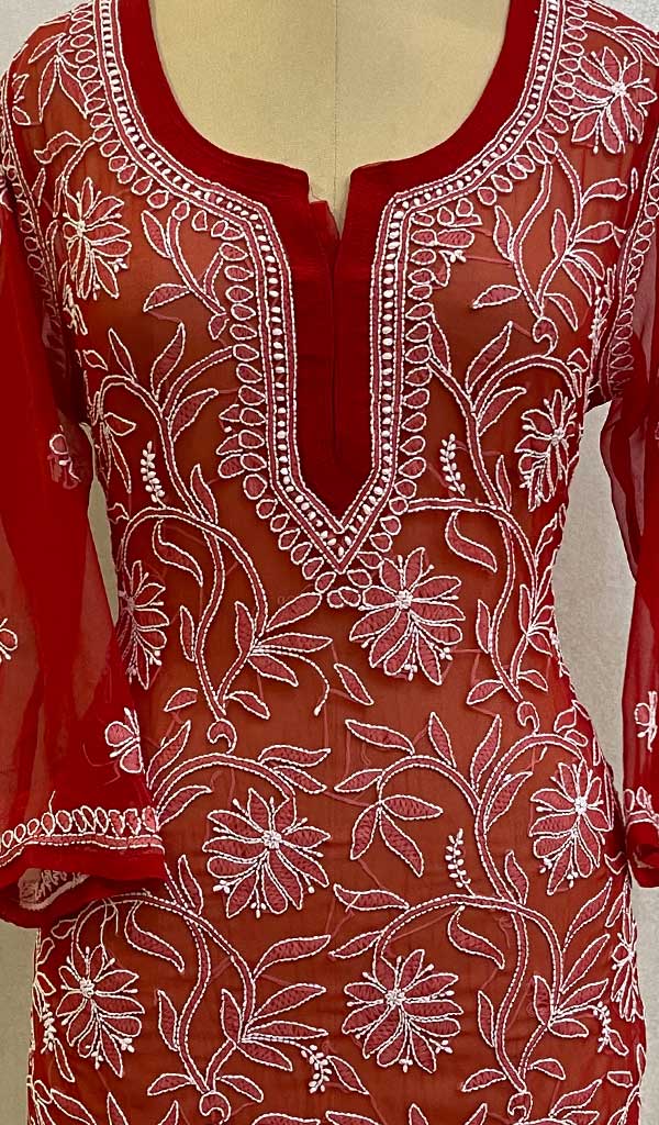 Women's Lakhnavi Handcrafted  Faux-Georgette Chikankari Top - HONC093092