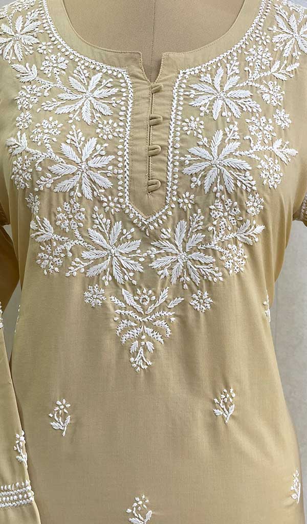 Lucknowi 手工制作的棉质 Chikankari 上衣 - HONC091536