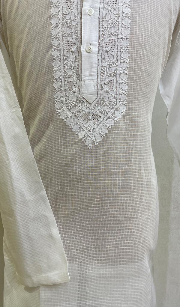 Men's Lucknowi Handcrafted Cotton Chikankari Kurta - HONC078950