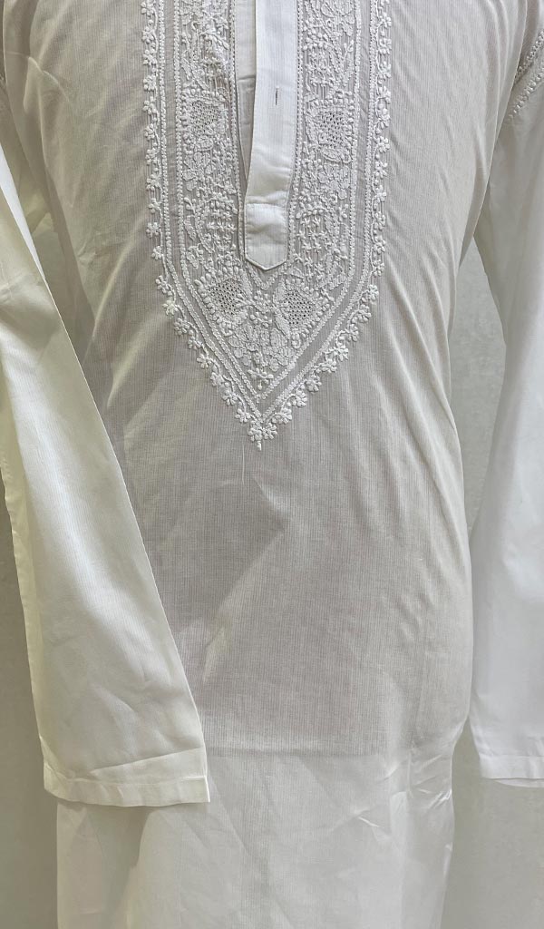 Men's Lucknowi Handcrafted Cotton Chikankari Kurta - HONC078944