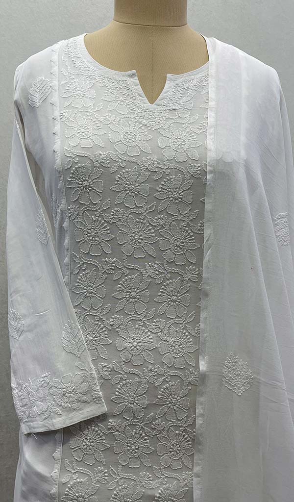 Lakhnavi 手工制作棉质 Chikankari 库尔塔和宫殿套装带杜帕塔 - HONC098055