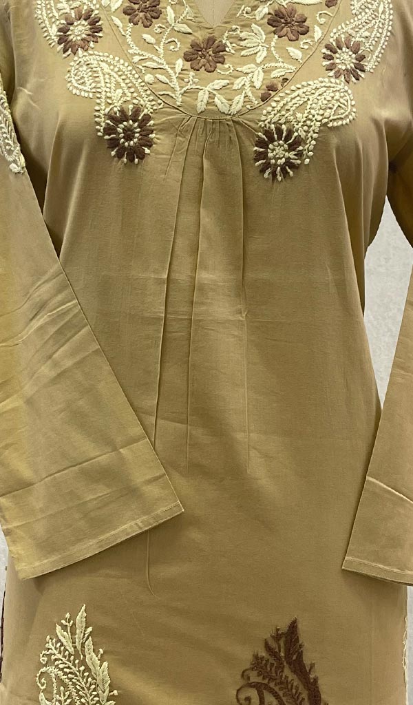 Lucknowi 手工制作的棉质 Chikankari 上衣 - HONC099174