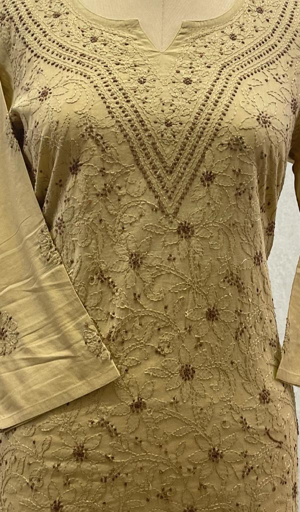 Lucknowi 手工制作的棉质 Chikankari 上衣 - HONC099186