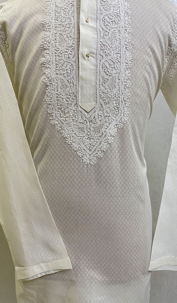 Men's Lucknowi Handcrafted Cotton Chikankari Kurta - HONC021100