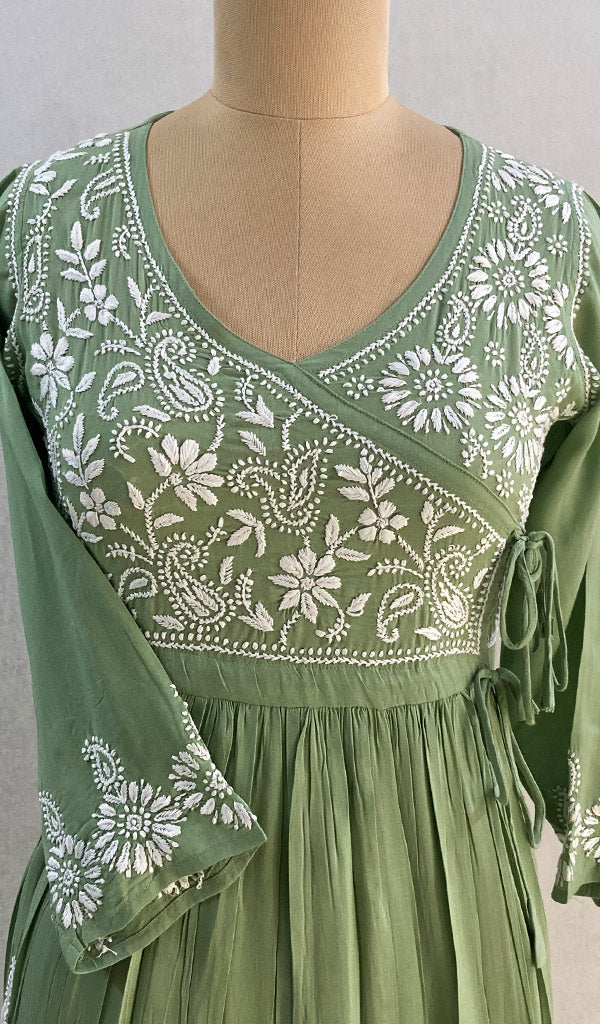 Women's Lucknowi Handcrafted Modal Cotton Chikankari Angrakha Dress - HONC0102854