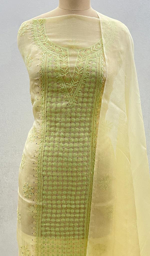 Women's Lucknowi Handcrafted Pure Organza Silk Chikankari Kurta Dupatta Set- HONC062273
