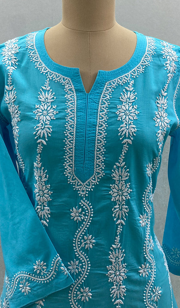 Women's Lakhnavi Printed Handcrafted Mulmul Cotton Chikankari Kurti - HONC0105946
