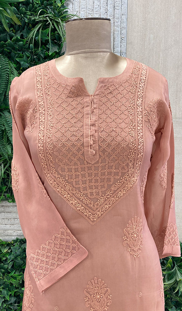 Women's Lakhnavi Handcrafted Organza Chikankari Kurti - HONC0104530
