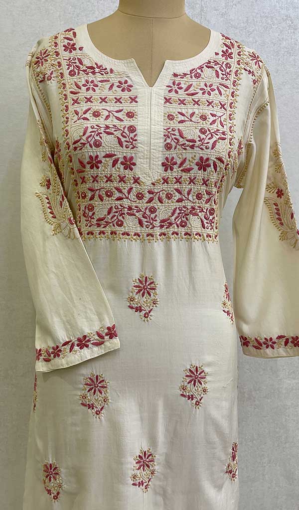 Women's Lucknowi Handcrafted Silk Chikankari Kurti - HONC0109365