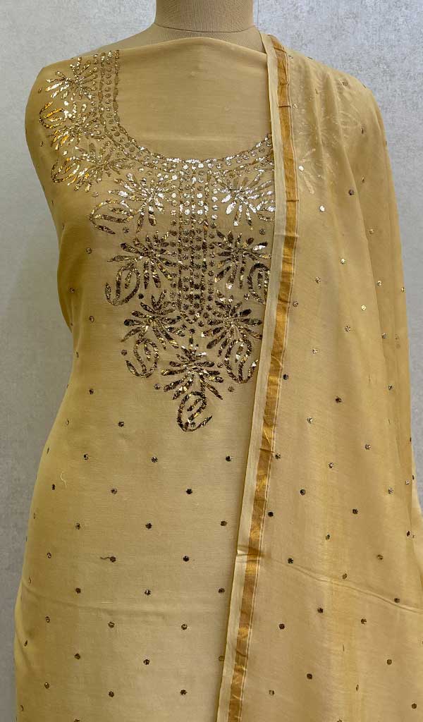 Women's Lakhnavi Handcrafted Chanderi Silk Chikankari Kurta Dupatta Set- HONC06060