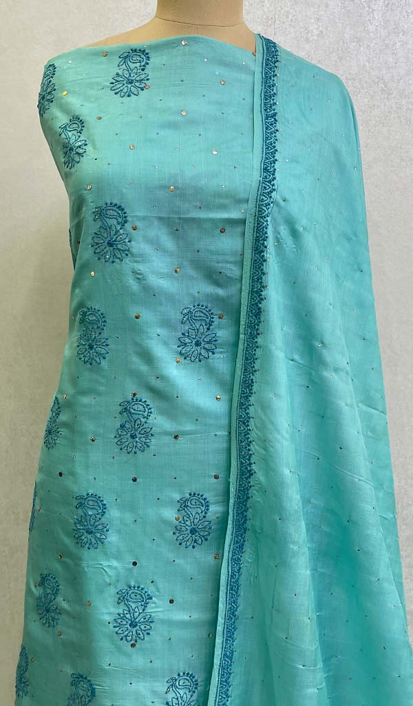 Lakhnavi 手工制作的 Munga 丝绸 Chikankari Kurta 和 Dupatta 套装 - HONC0107590