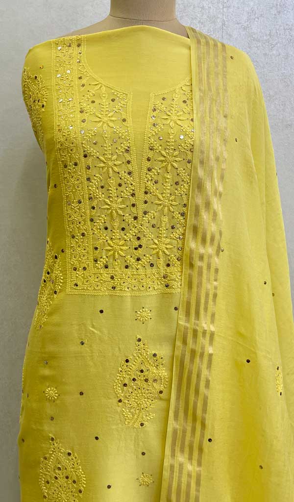 Women's Lakhnavi Handcrafted Chanderi Silk Chikankari Full Suit Material - HONC0107754