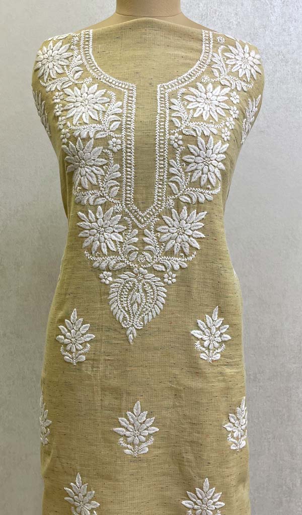 Women's Lakhnavi Handcrafted Chanderi Silk Chikankari Unstitched Kurti Fabric - Honc0119244