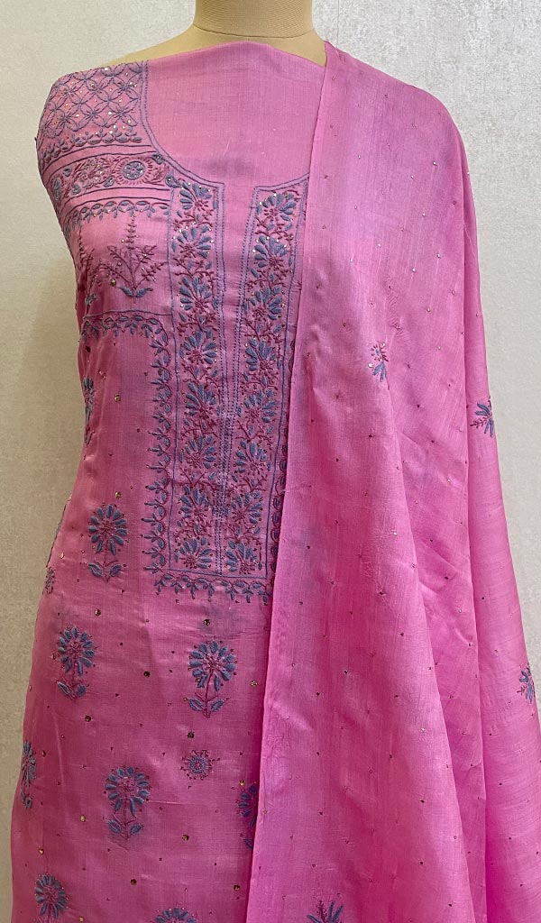 Lakhnavi 手工制作的 Munga 丝绸 Chikankari Kurta 和 Dupatta 套装 - HONC0107601