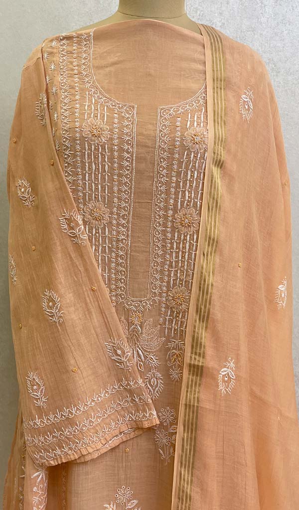 Women's Lakhnavi Handcrafted Mul Chanderi Chikankari Semi Stitched Kurta  And Dupatta Set- HONC0103528