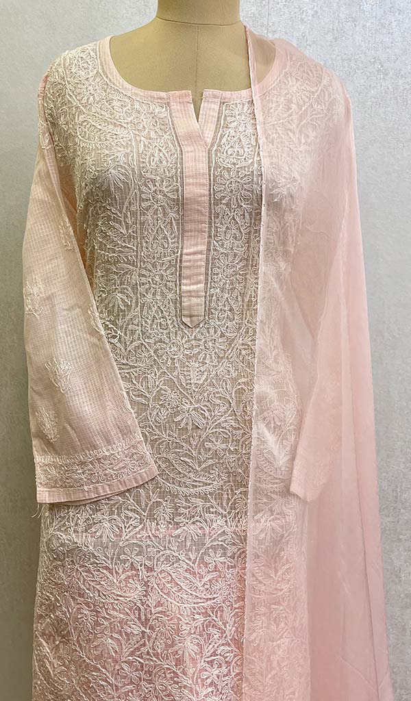 Women's Lakhnavi Handcrafted Kota Cotton Chikankari Kurta  And Pant Set With  Dupatta - HONC053021