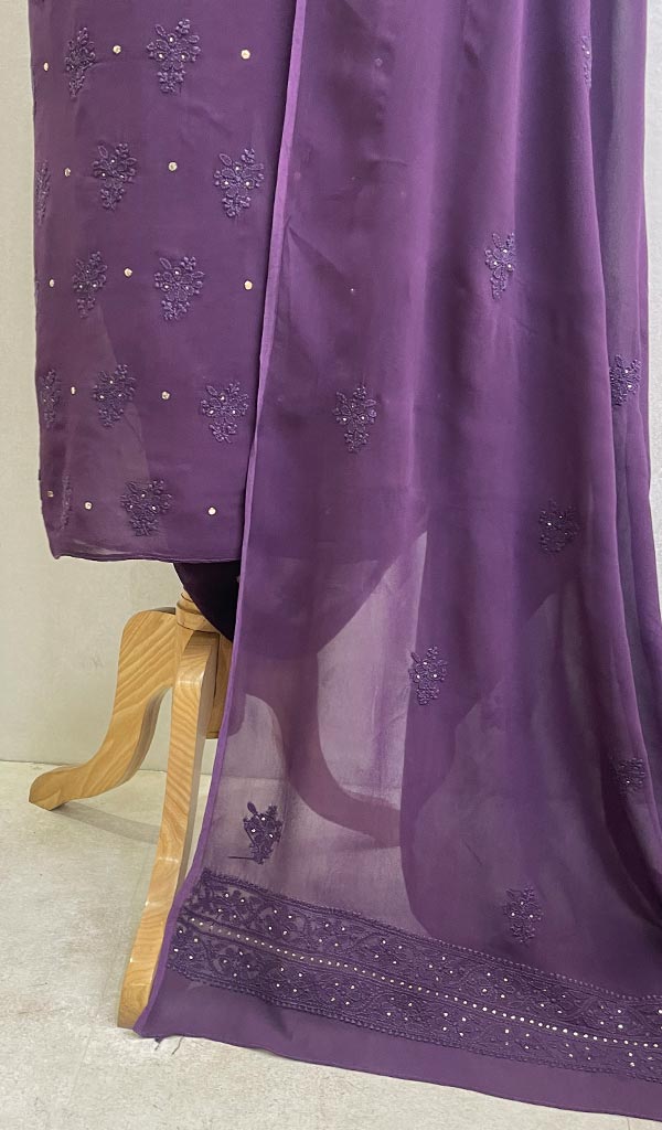 Lucknowi 手工粘胶乔其纱 Chikankari 西装材料 - HONC0111085