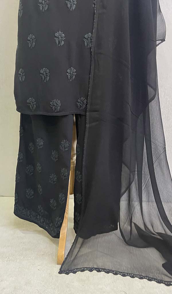 Women's Lucknowi Handcrafted Viscose Georgette Chikankari Kurta  Palazzo With Dupatta Set  - HONC0113552