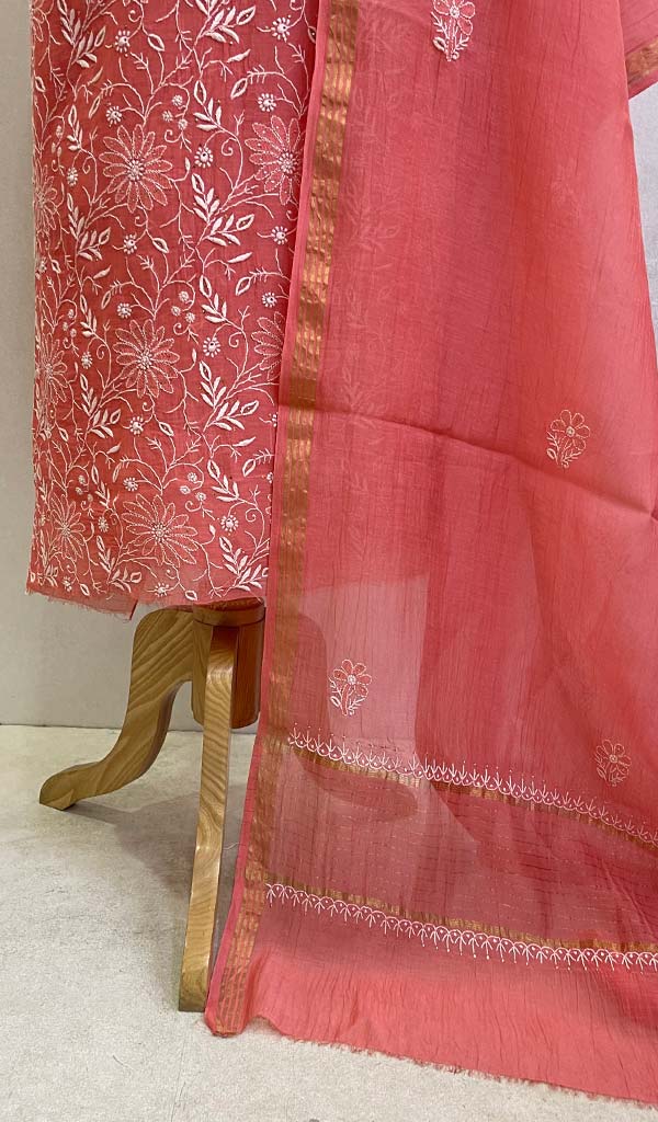 Women's Lakhnavi Handcrafted Mul Chanderi Silk Chikankari Kurta Dupatta Set- HONC0108354