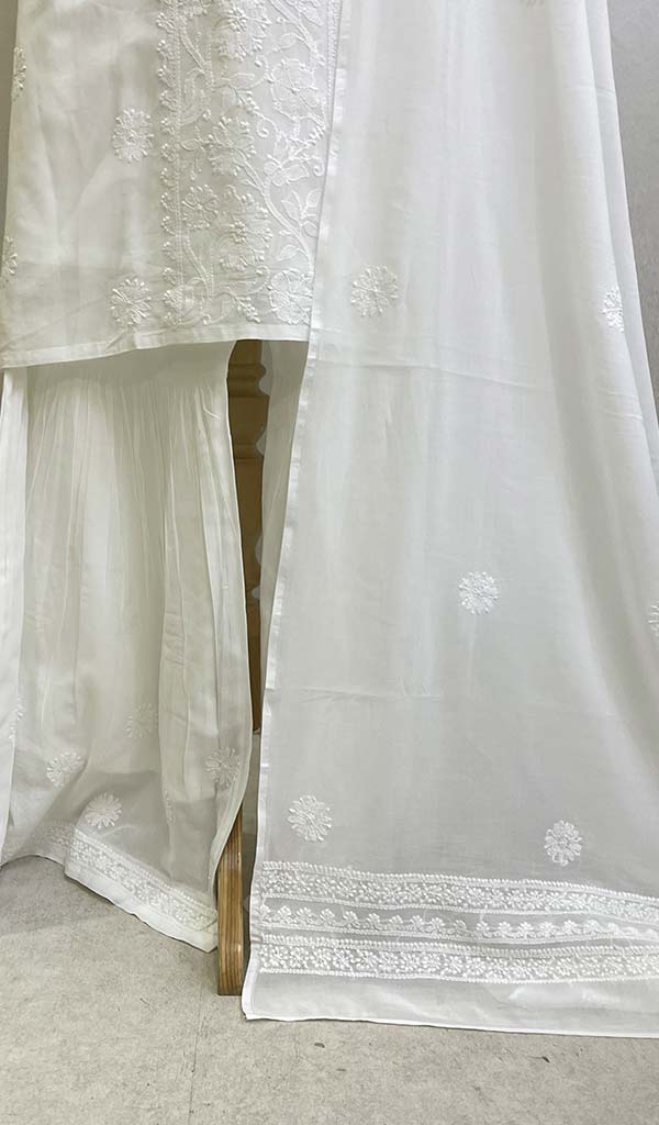 Lakhnavi 手工制作的棉质 Chikankari Kurta 和 Sharara 套装带杜帕塔 - HONC0115738