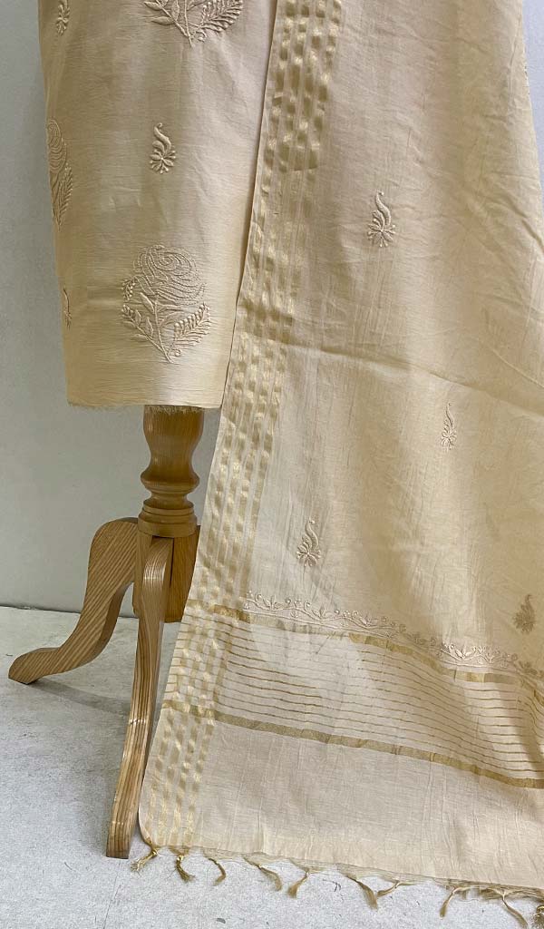لکھنؤی ہاتھ سے تیار کردہ چندیری سلک چکنکاری مکمل سوٹ مواد - Honc0119544