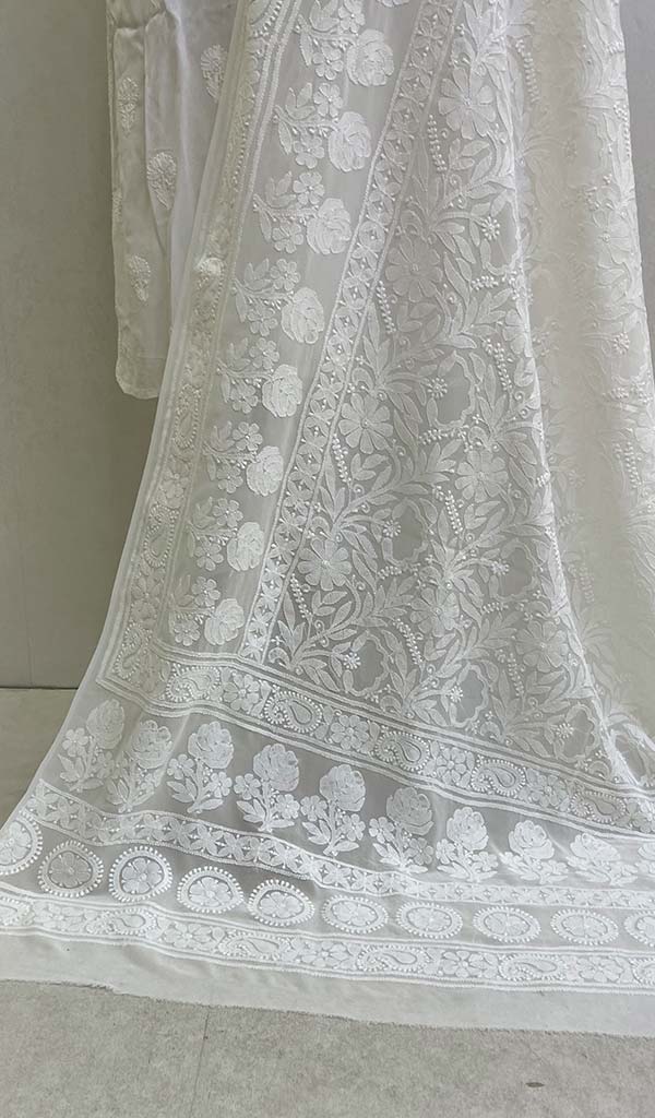 Lucknowi 手工纯丝乔其纱 Chikankari Dupatta - Honc0117806