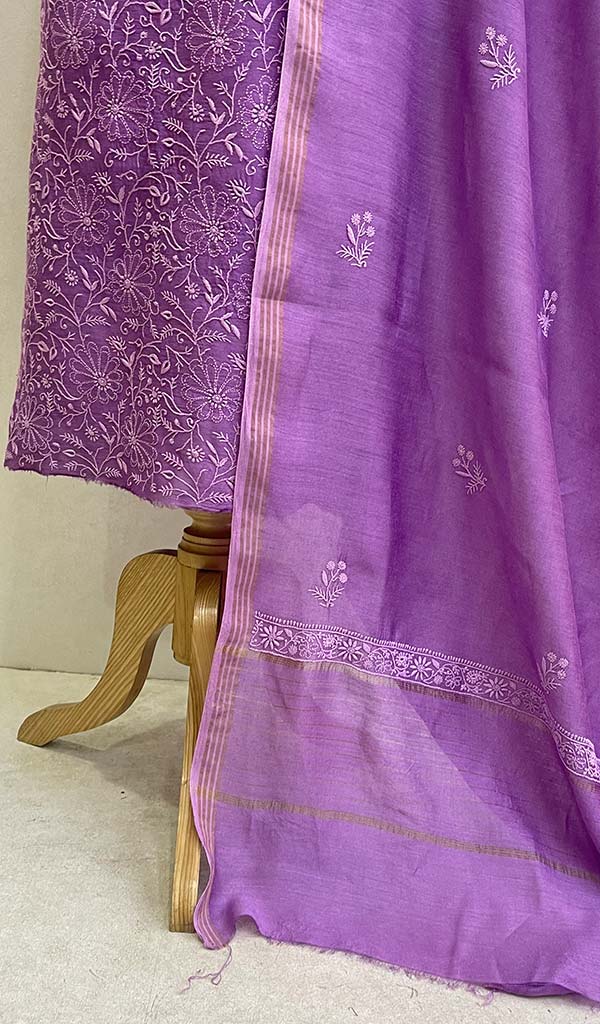 Lakhnavi 手工制作的 Munga 丝绸 Chikankari Kurta 和 Dupatta 套装 - Honc0108288