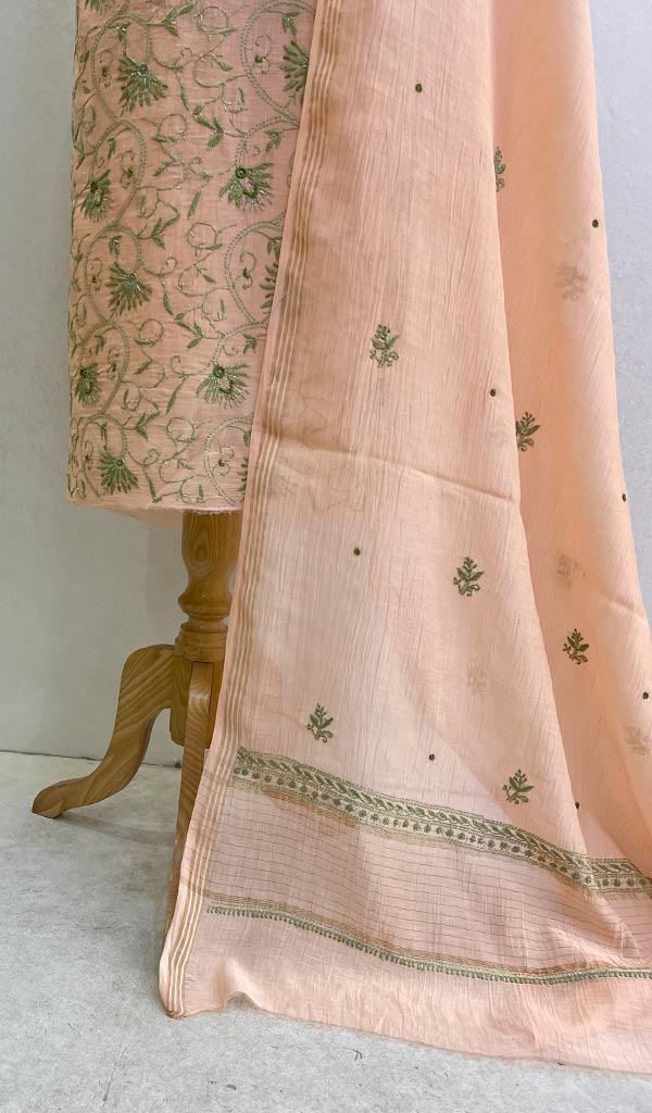 Women's Lakhnavi Handcrafted Mul Chanderi Chikankari Kurta  And Dupatta Set- Honc0124468
