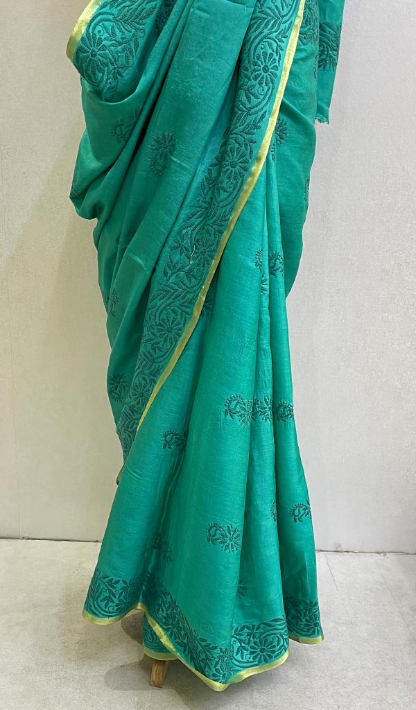 Women's Lakhnavi Handcrafted Tussar Silk Chikankari Saree - HONC0129876