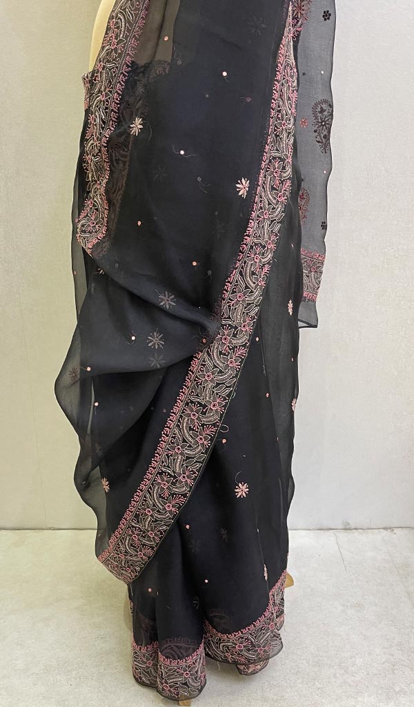 Lucknowi 手工制作的纯欧根纱丝绸 Chikankari 纱丽 - HONC0116932