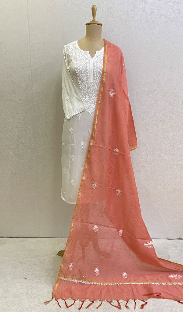Women's Lakhnavi Handcrafted Chanderi Silk Chikankari Dupatta - Honc0108743