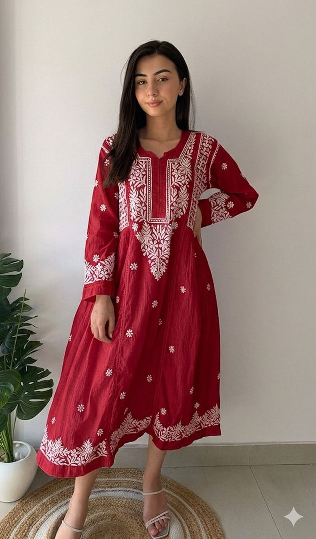 Fariah Women's Lucknowi Handcrafted Mul Chanderi Chikankari Kurti - HONC04497617