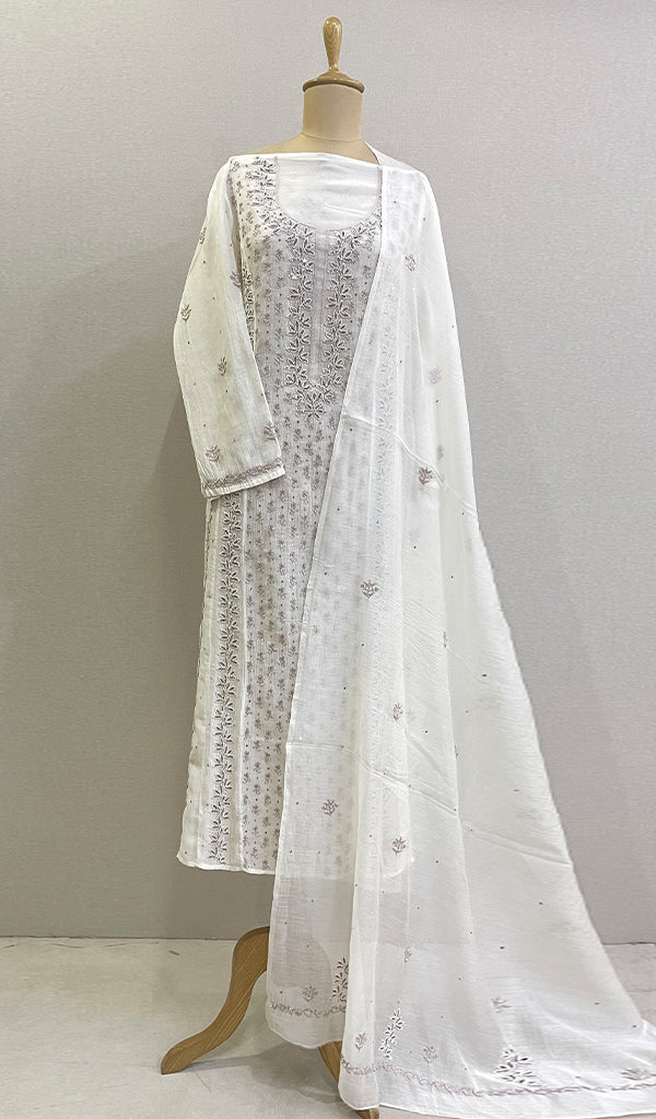 Women's Lakhnavi Handcrafted Mul Chanderi Semi - Stitched Kurta And Dupatta Set- HONC0218549