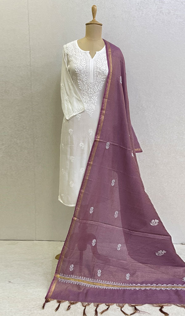 Women's Lakhnavi Handcrafted Tissue Chanderi Silk Chikankari Dupatta - Honc0108730