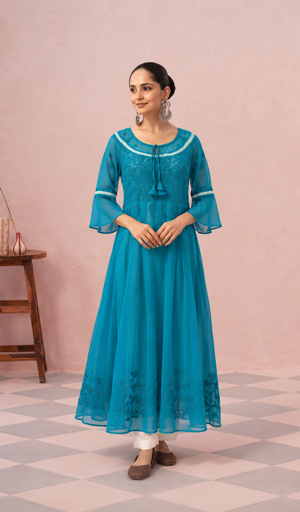 Aadab Women's Lakhnavi Handcrafted Faux-Georgette Chikankari  Anarkali Dress - HONC038939