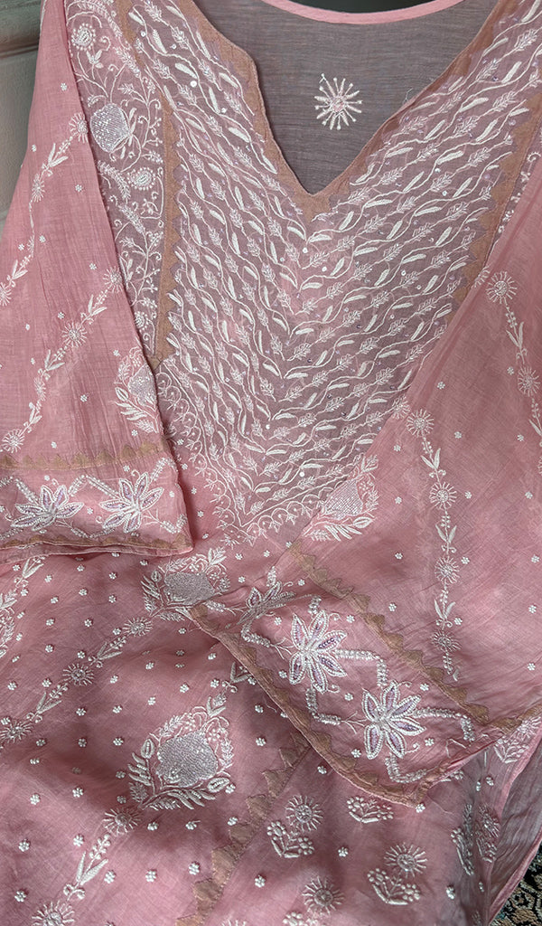 Aarushi Women's Lakhnavi Handcrafted Mul Chanderi Semi - stitched Chikankari Full Suit Material - HONC0330135