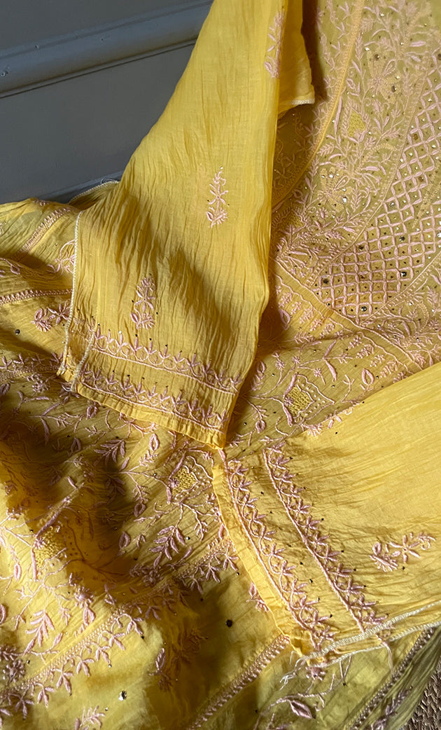 Women's Lakhnavi Handcrafted Mul Chanderi Semi - Stitched Anarkali And Dupatta Set - HONC0296488