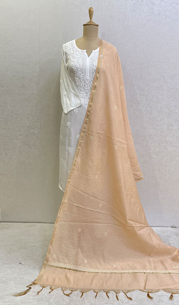 Women's Lakhnavi Handcrafted Chanderi Silk Chikankari Dupatta - Honc0108729