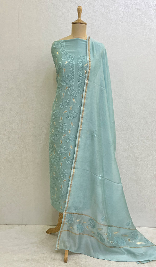 Women's Lakhnavi Handcrafted Chanderi Silk Chikankari Full Suit Material - HONC067420
