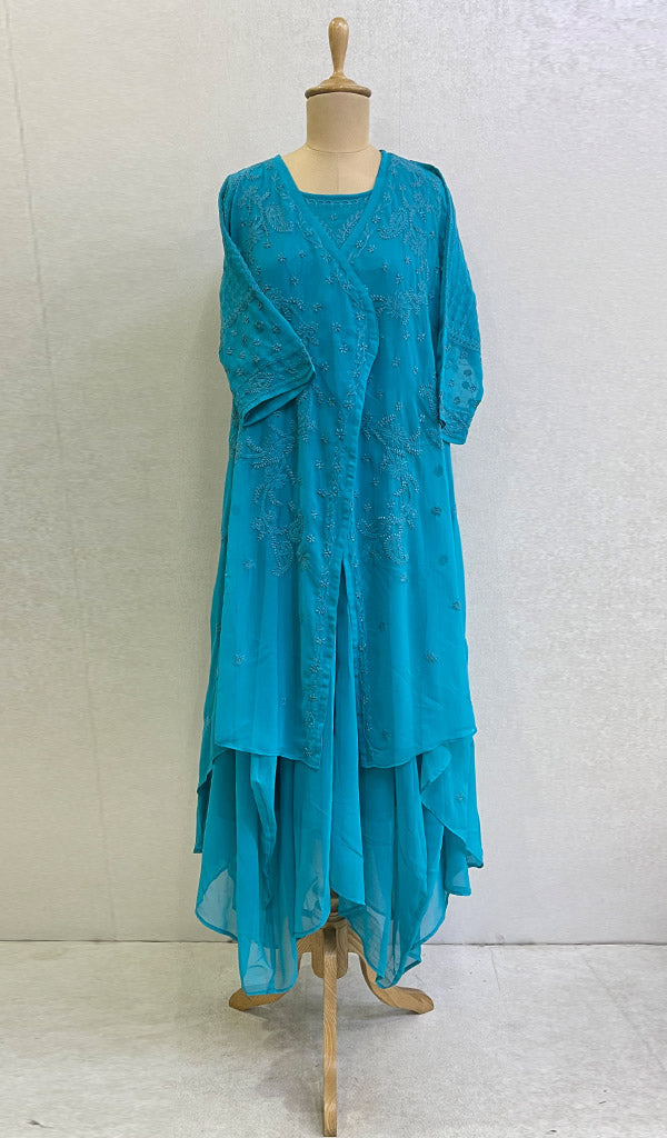 Haaya Women's Lakhnavi Handcrafted Faux-Georgette Chikankari Shrug and Dress Set - HONC0137258
