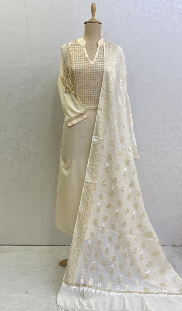 Women's Lakhnavi Handcrafted Chanderi Silk Chikankari Dupatta - Honc068129