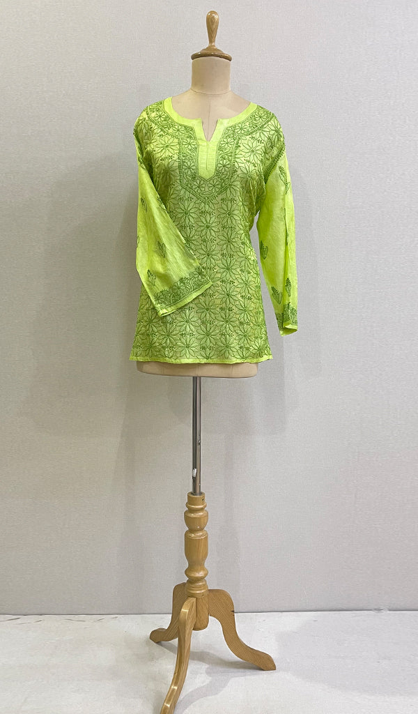 Women's Lakhnavi Handcrafted Silk Chikankari Top - HONC0176244